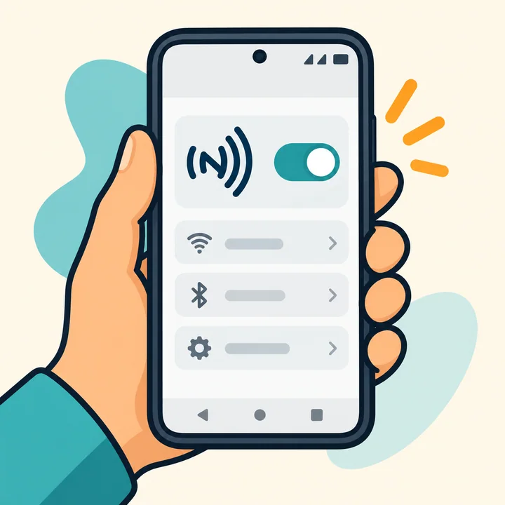 Mão segurando um celular Android com a chave NFC ligada nas configurações