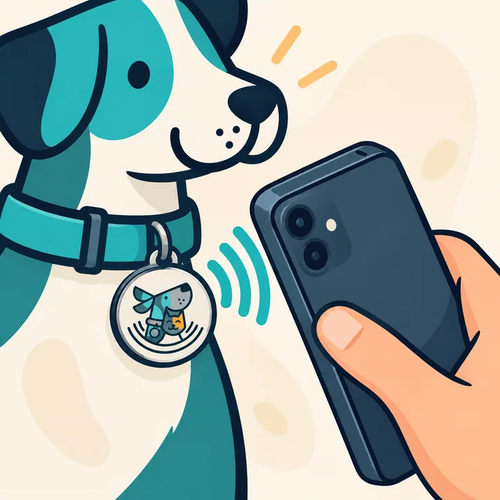 Parte superior de trás do celular sendo aproximada da tag ConectaPet na coleira